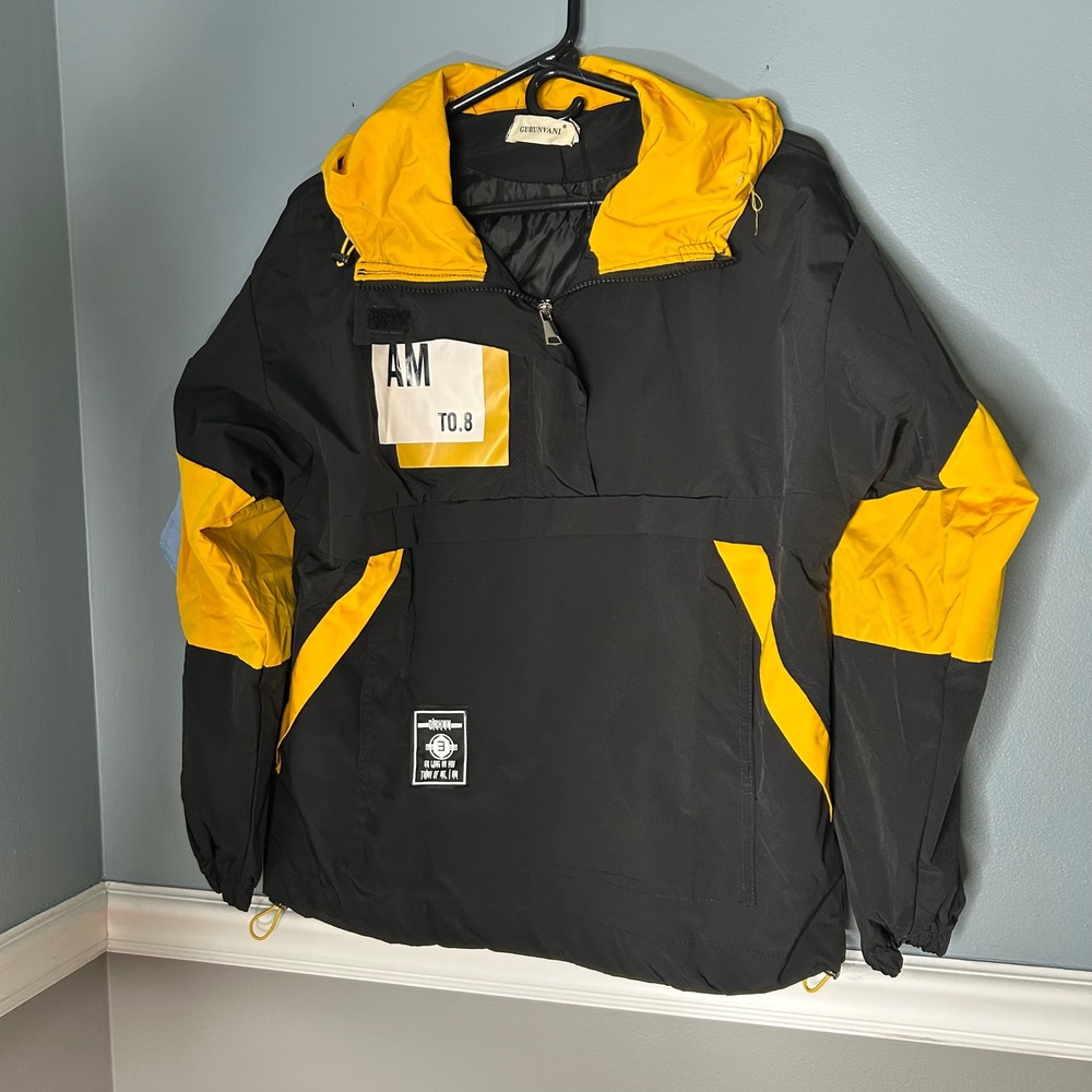 Mens Pullover‎ Jacket Lightweight Anorak Color Blocked Windbreaker Black Yellow